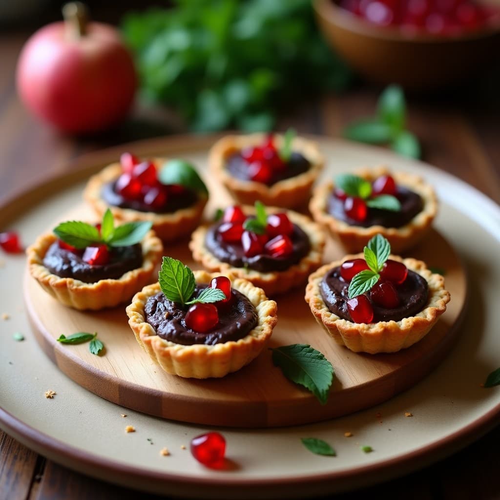 Tartaletas de Base de Cacahuete con Puré de Berenjena Ahumada y Granadas: Aperitivo Iraní Vegano Sin Horno