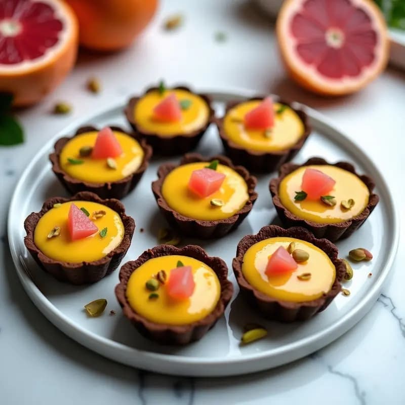 Tartaletas de Base de Café con Crema de Cúrcuma y Granitos de Pomelo Rosa