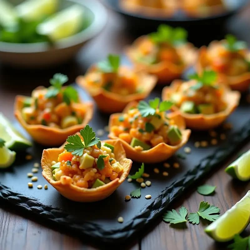 Tartaletas de Cangrejo y Aguacate con Salsa de Mango Habanero: Aperitivo Thai Vegano y Crujiente