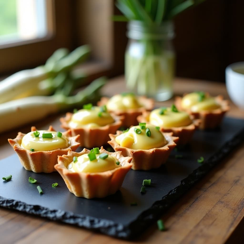 Tartaletas de Base de Castaña con Relleno de Espárragos Blancos y Salsa Holandesa Vegana