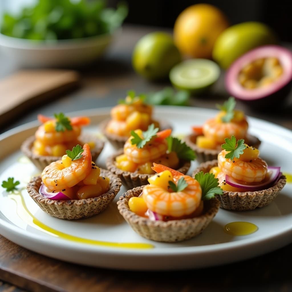 Tartaletas de Base de Semillas de Chía con Ceviche de Camarones y Maracuyá: Entrante Peruano Sin Gluten