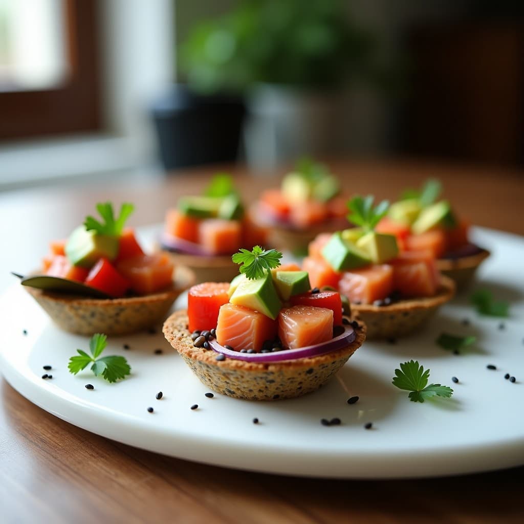 Tartaletas de Base de Semillas de Chía con Ceviche de Salmón Ahumado: Aperitivo Keto