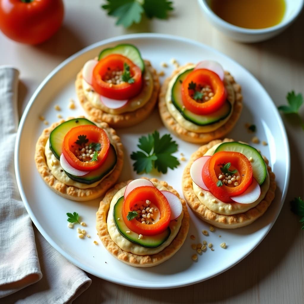 Tartaletas de Base de Coca con Crema de Hummus y Vegetales: Receta Sin Horno