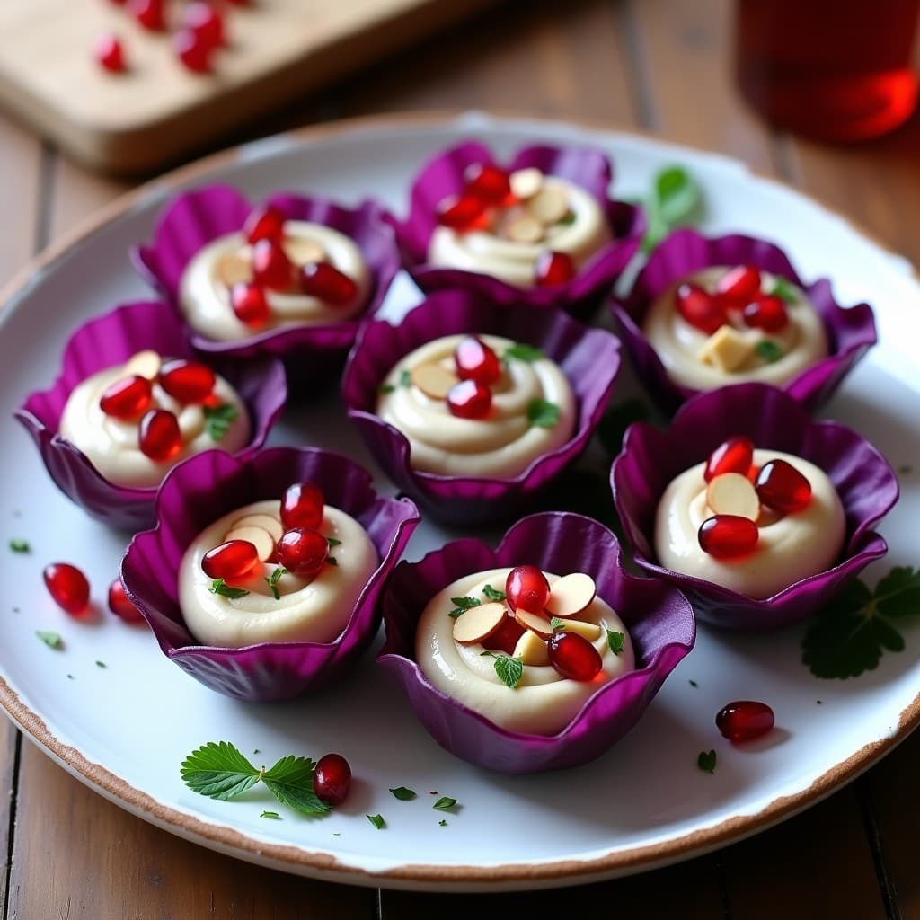 Tartaletas de Col Morada y Crema de Tahini con Granado: Aperitivo Libanés Sin Horno