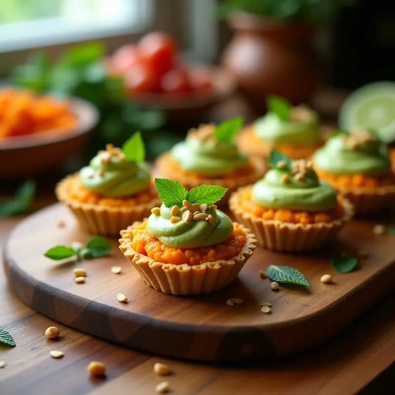 Tartaletas de Cúrcuma y Zanahoria con Crema de Aguacate: Aperitivo Indio Keto y Vegano