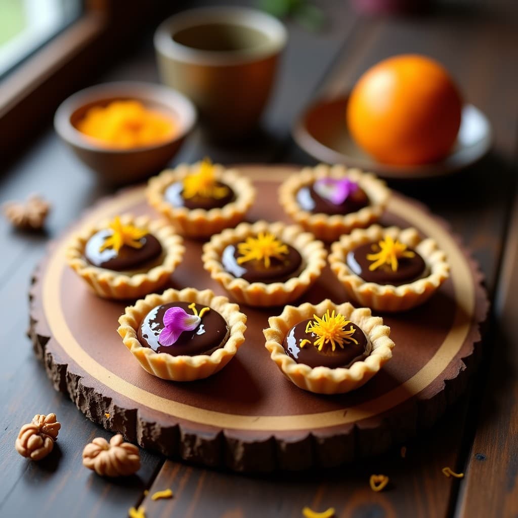 Tartaletas de Base de Dátiles y Nueces con Relleno de Chocolate 85% y Aceite de Naranja: Postre Raw y Vegano