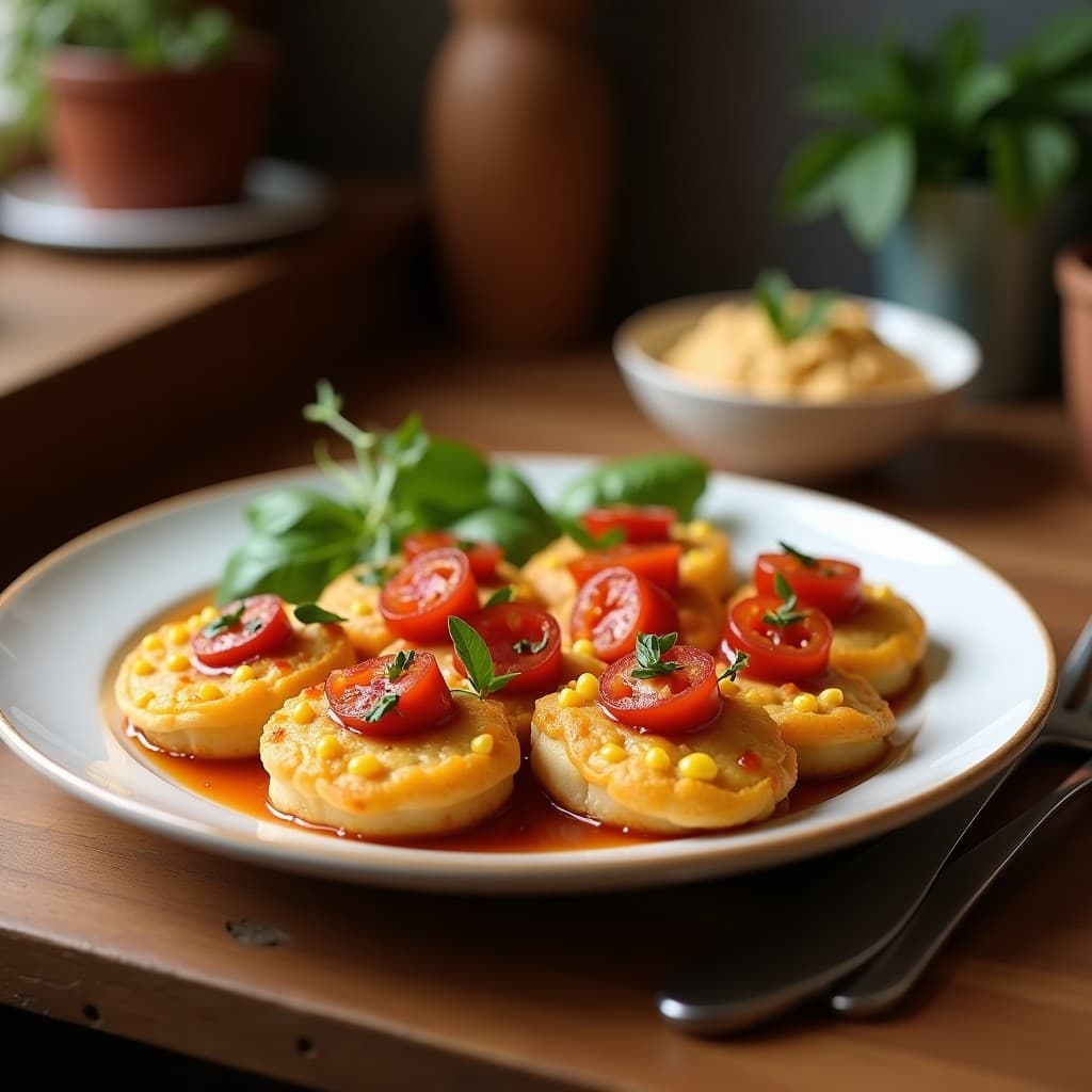 Tartaletas de Harina de Arroz y Pimiento Asado con Hummus de Garbanzos Negros
