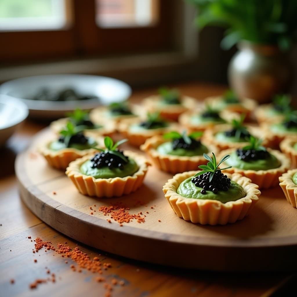 Tartaletas de Harina de Garbanzo con Crema de Berros y Caviar de Lino: Aperitivo Español Vegano