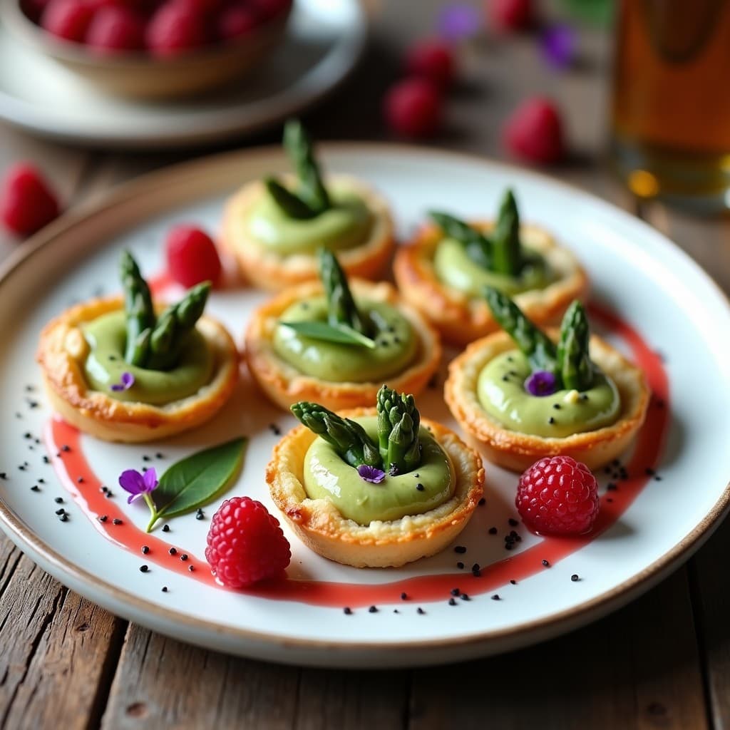 Tartaletas de Hojaldre Sin Gluten con Crema de Espárragos Verde y Vinagreta de Frambuesa