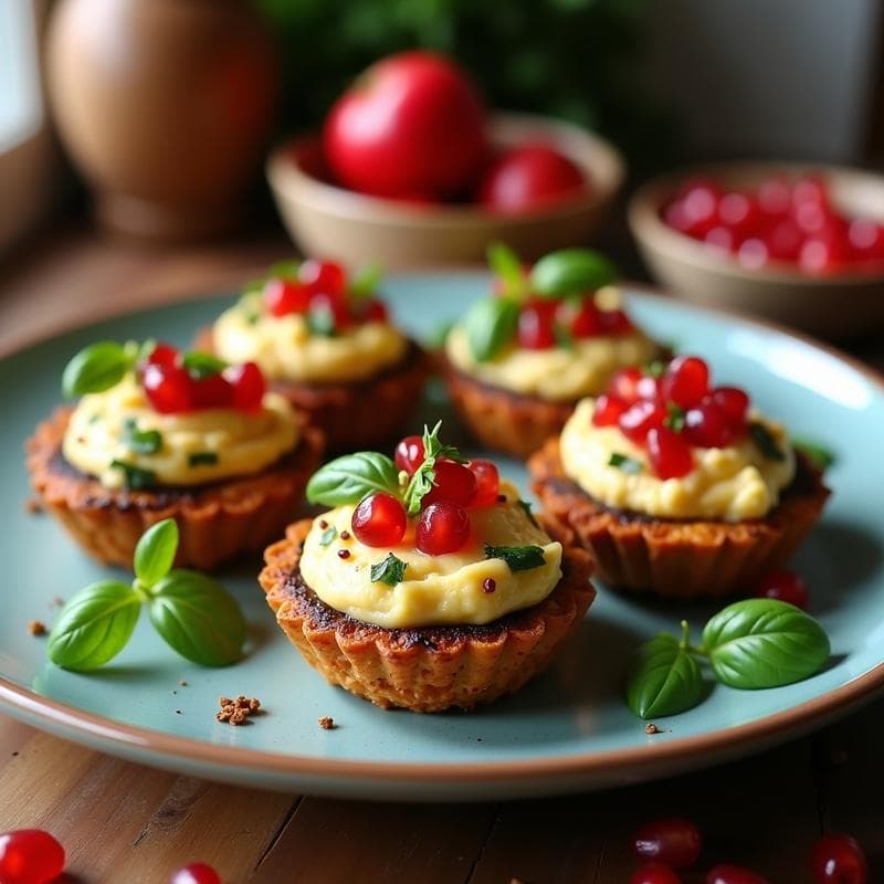 Tartaletas de Hummus y Berenjena Ahumada con Granadina: Aperitivo Mediterráneo Sin Horno