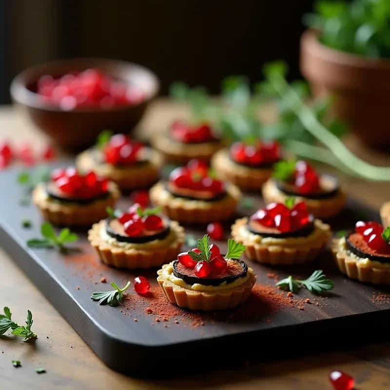 Tartaletas de Hummus y Berenjena Asada con Granados: Entrante Libanés Gourmet