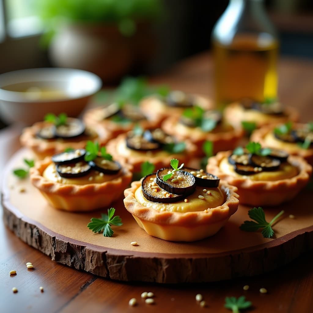 Tartaletas de Hummus y Berenjena Asada: Entrante Vegano con Crujiente de Semillas
