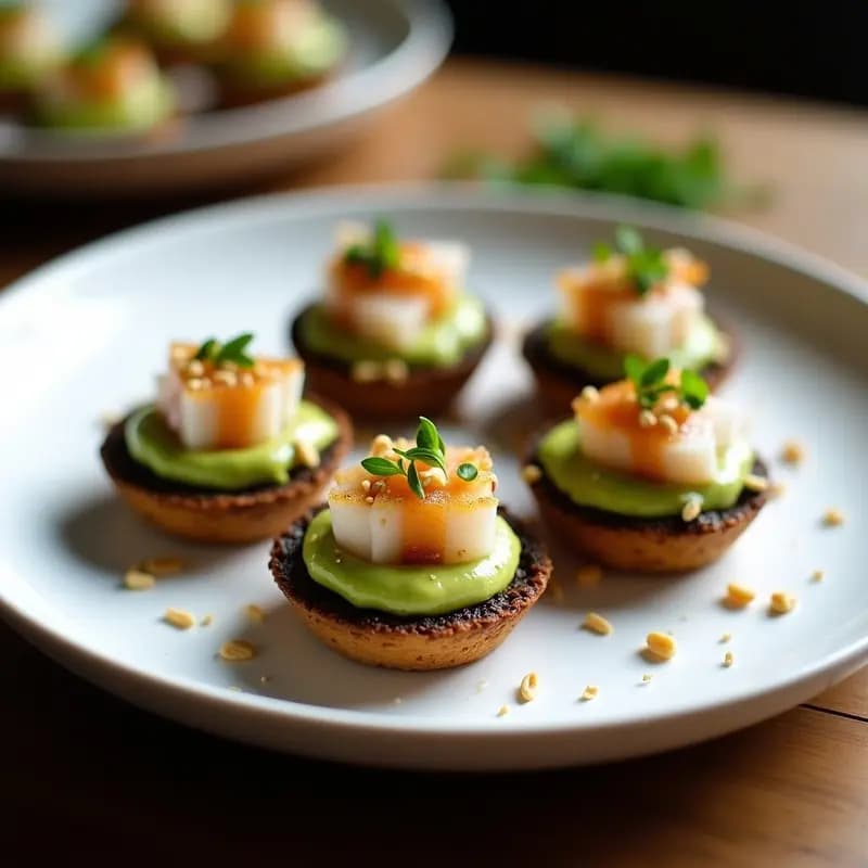 Tartaletas de Masa de Lentejas Negras con Relleno de Aguacate y Hamachi: Entrante Fusion