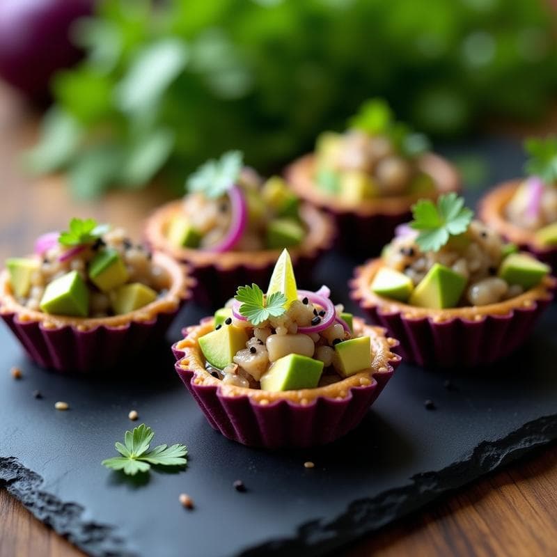 Tartaletas de Maíz Morado con Ceviche de Hongos Shimeji y Aguacate: Receta Peruana Vegana