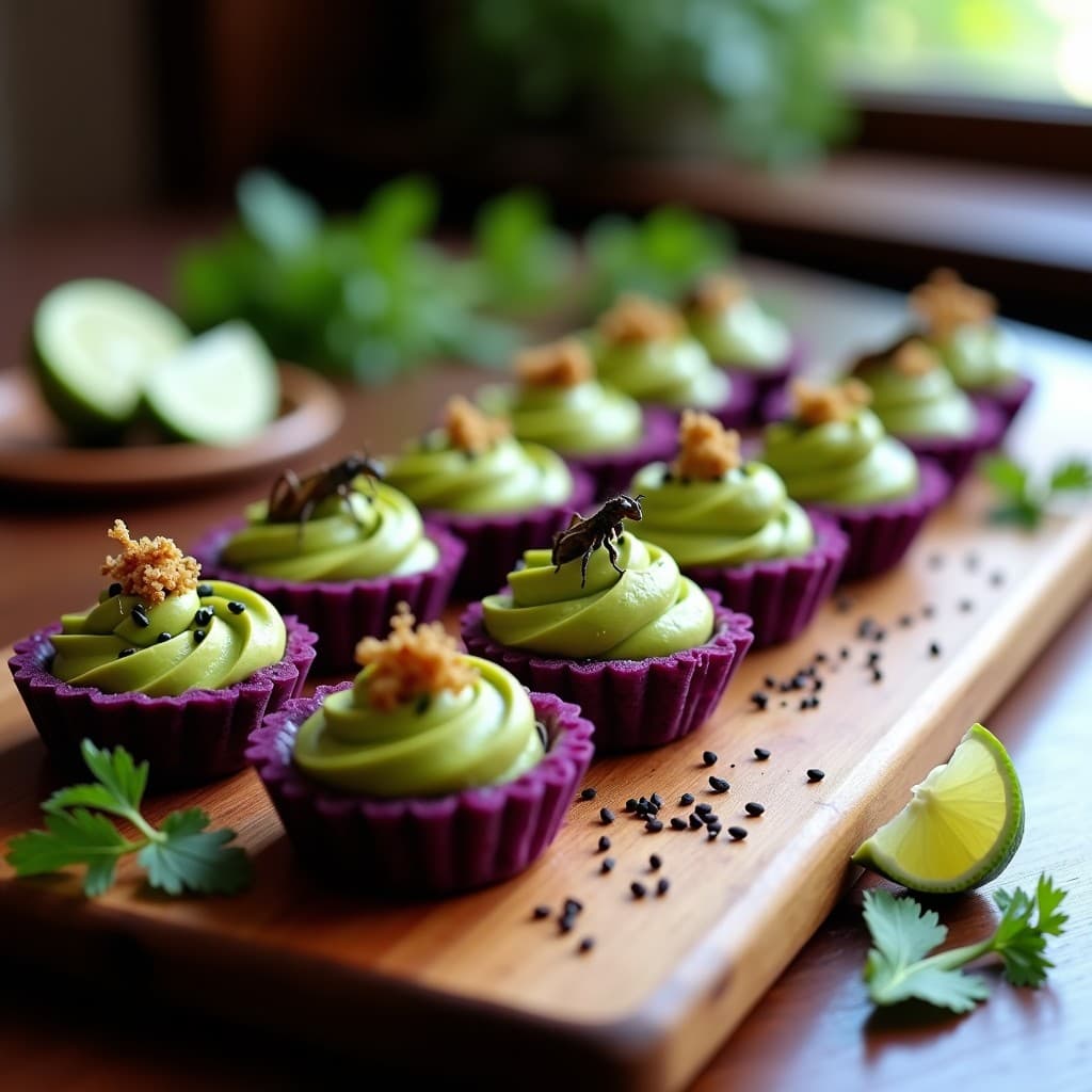 Tartaletas de Maíz Morado y Crema de Guacamole con Insectos Comestibles: Aperitivo Innovador