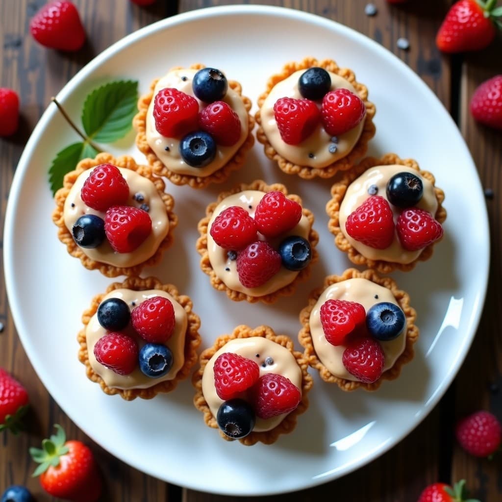 Tartaletas de Masa de Almendra con Relleno de Crema de Cacahuete y Frutos Rojos
