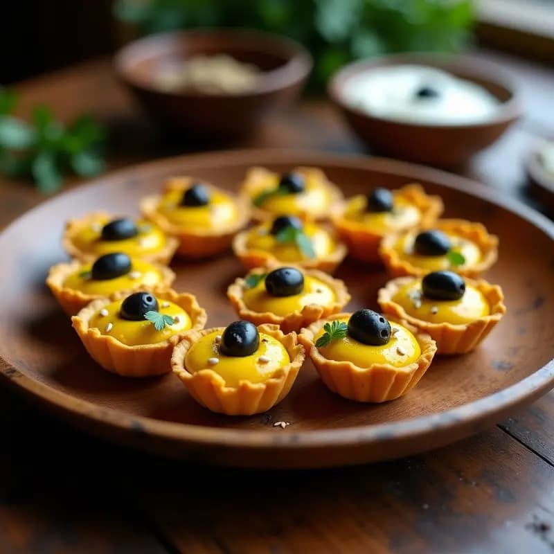 Tartaletas de Masa de Cúrcuma con Puré de Garbanzos y Aceitunas: Aperitivo Indú Vegano