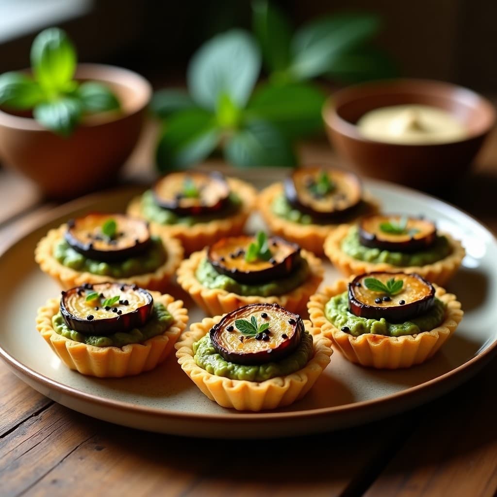 Tartaletas de Masa de Garbanzo con Berenjena Asada y Pesto de Mentol: Aperitivo Sirio Vegano