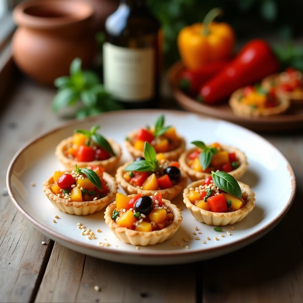 Tartaletas de Masa de Garbanzo con Relleno de Pimientos Asados y Aceitunas Taggiasche: Aperitivo Ligur Vegano