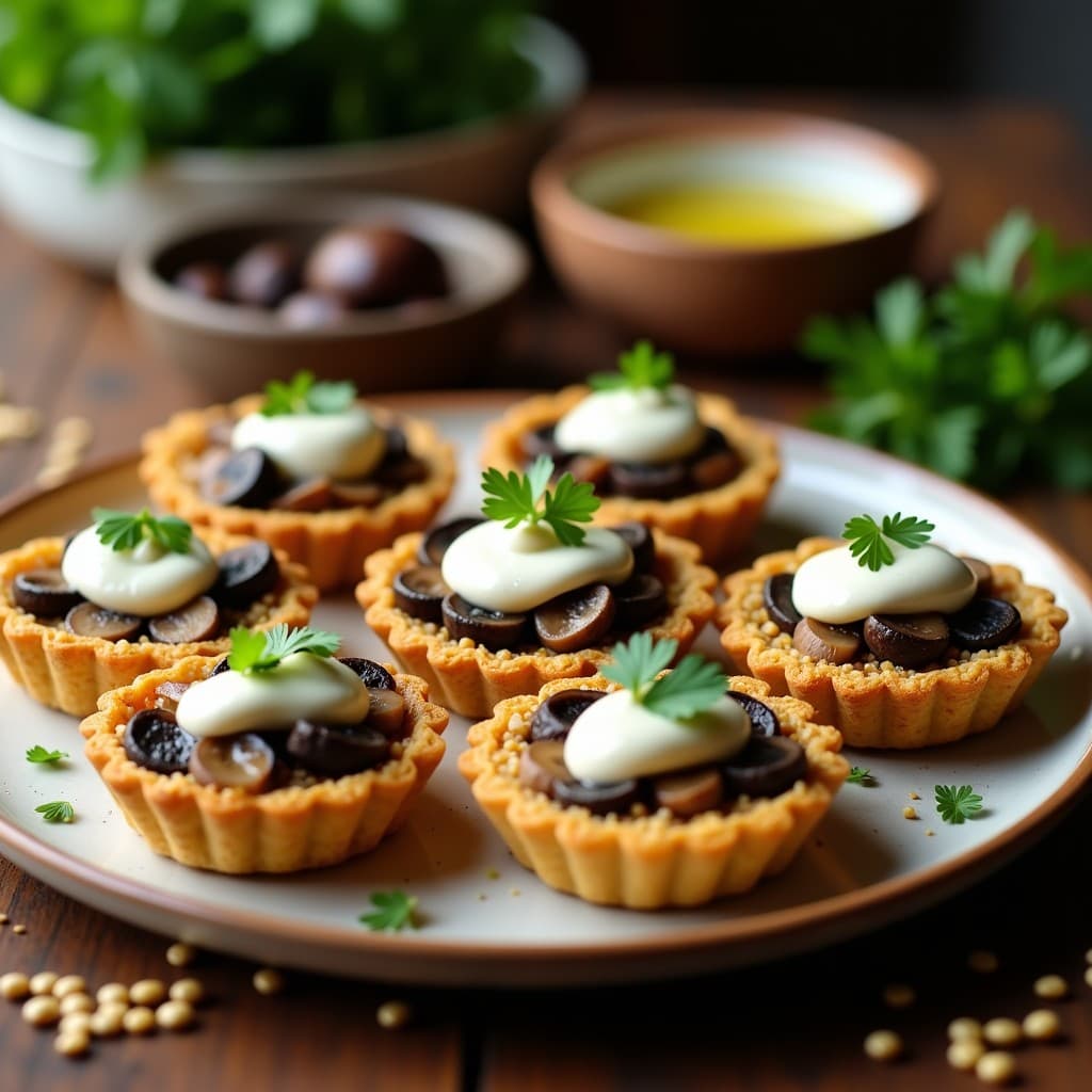 Tartaletas de Mijo y Champiñones con Crema de Ajo Negro: Aperitivo Sin Gluten y Vegano