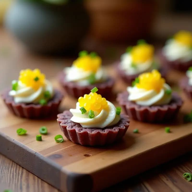 Tartaletas de Patata Morada con Crema de Espárragos Blancos y Caviar de Limón