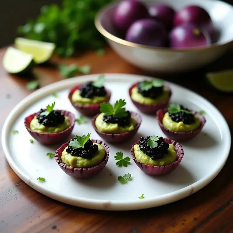 Tartaletas de Patata Morada con Relleno de Guacamole y Caviar de Berenjena: Aperitivo Gourmet Sin Gluten