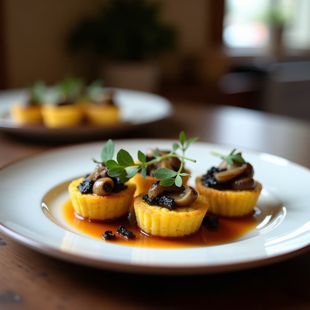 Tartaletas de Polenta y Champiñones con Romesco de Ajo Negro: Receta Española Gourmet