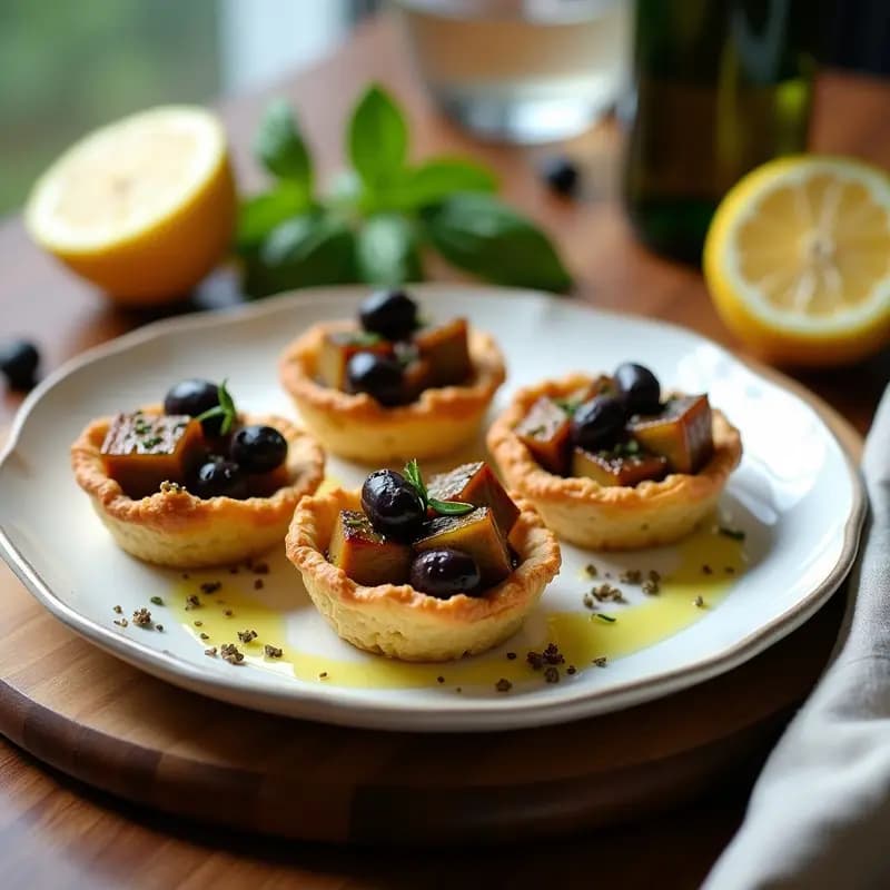 Tartaletas de Base de Quinoa Inflada con Relleno de Berenjena Asada y Aceitunas Kalamata