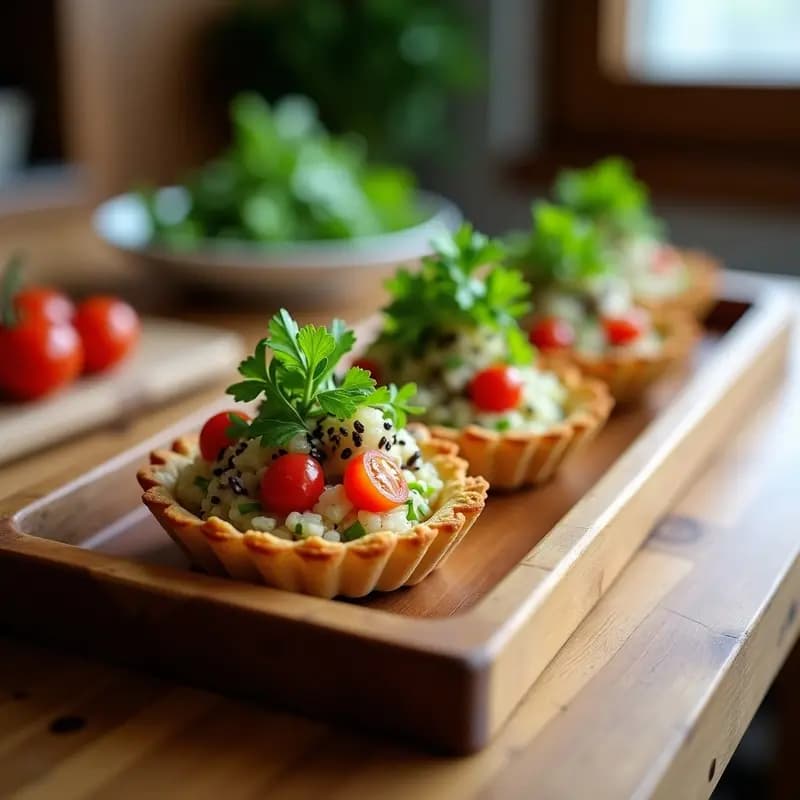 Tartaletas de base de quinoa inflada con ceviche de champiñones y lechuga de mar: Entrante Peruano Vegano