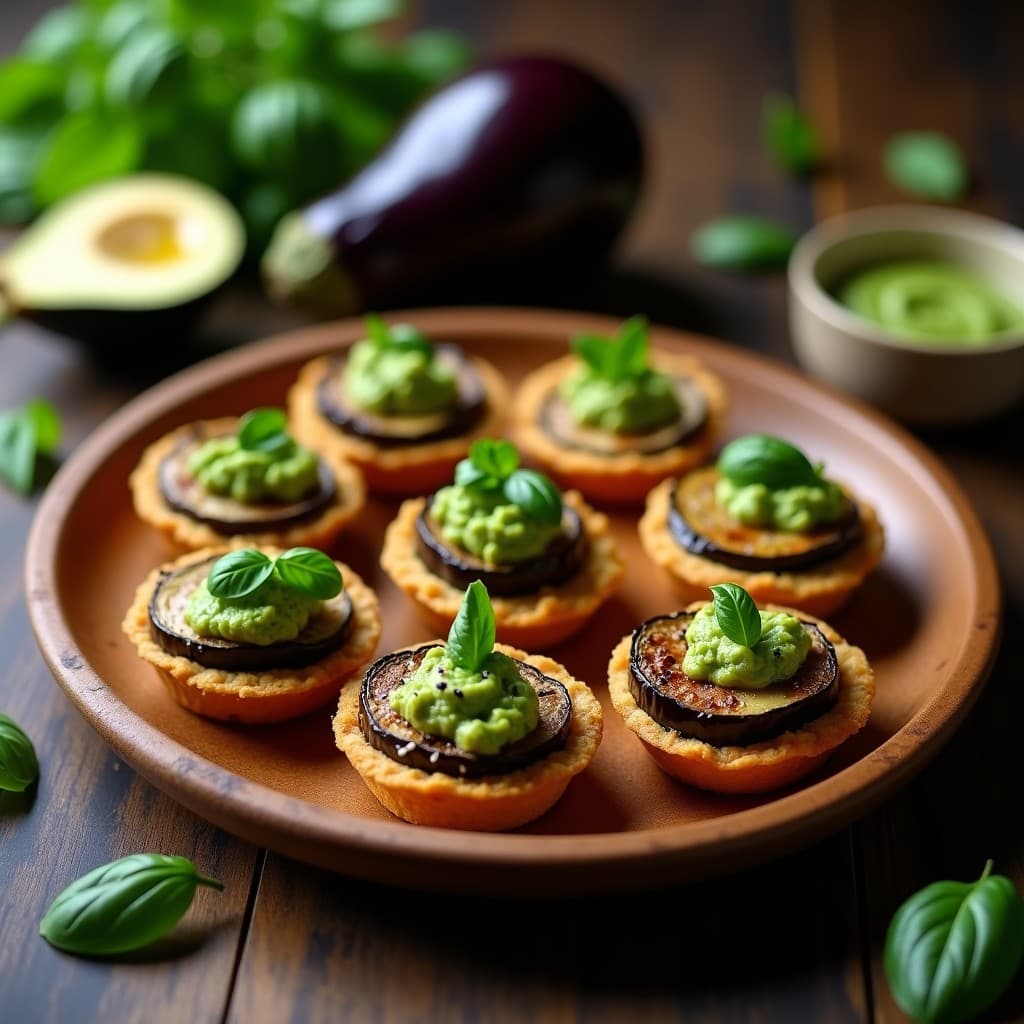 Tartaretas de Teff y Berenjena Asada con Pesto de Albahaca: Aperitivo Etiopíe Vegano