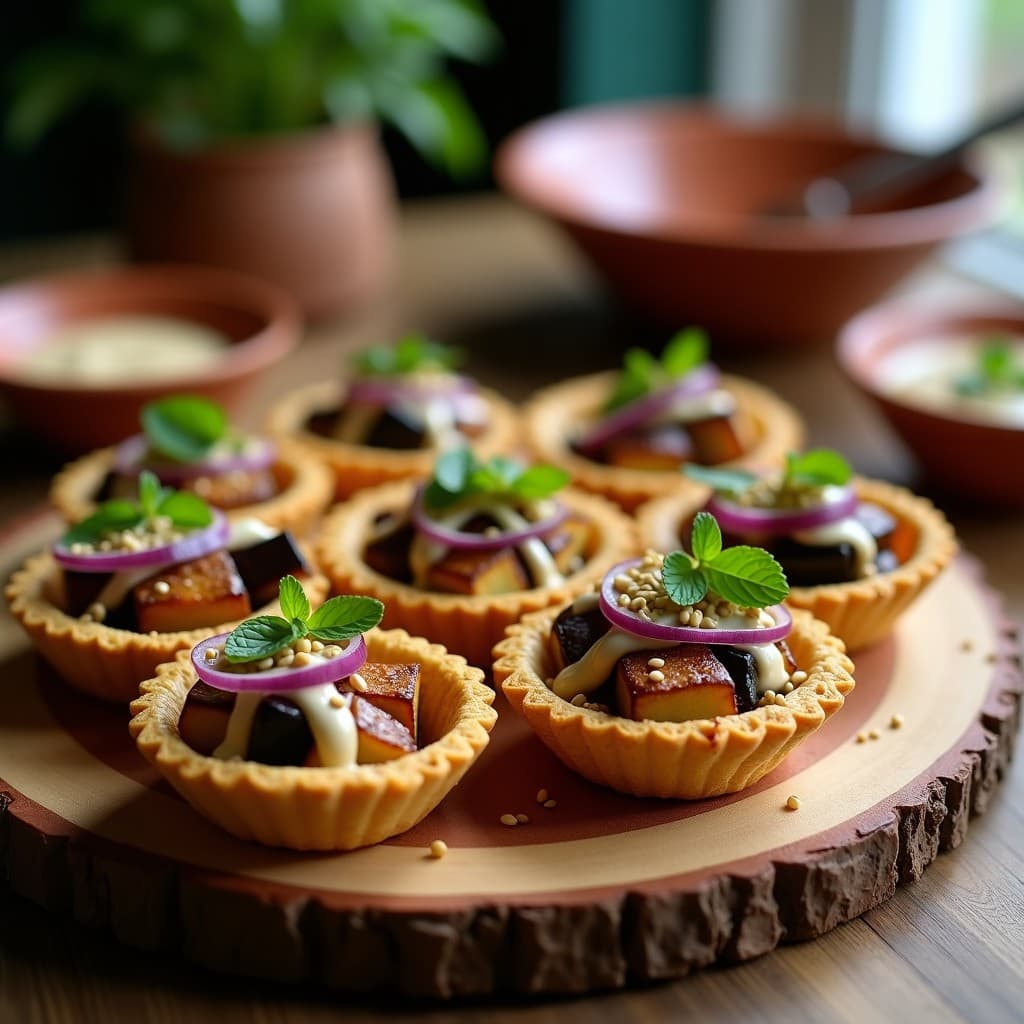 Tartaletas de Harina de Teff y Relleno de Berenjenas Asadas con Tahini: Entrante Etiopé Vegano