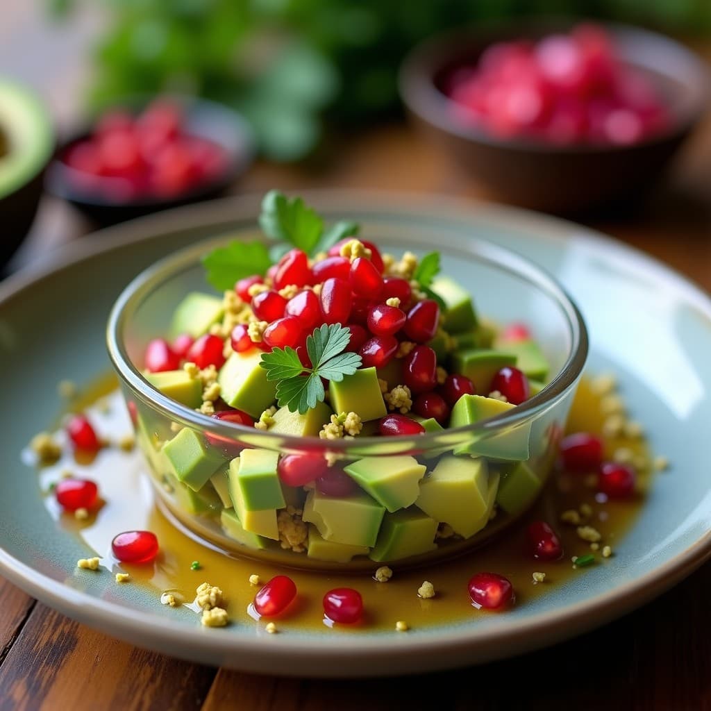 Tartar de Aguacate y Granada con Vinagreta de Rosa: Aperitivo Persa Vegano
