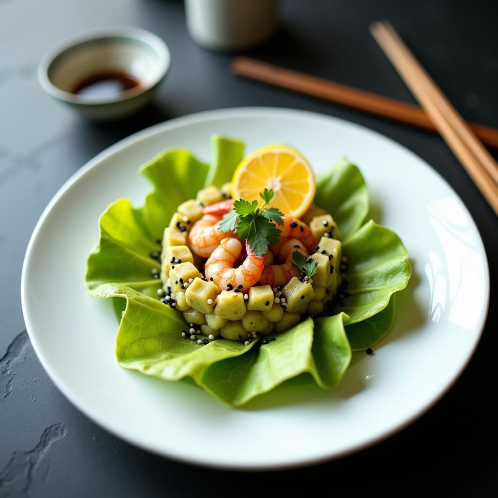 Tartar de Aguacate y Langostinos con Vinagreta de Yuzu: Entrante Japonés-Peruano (Nikkei)