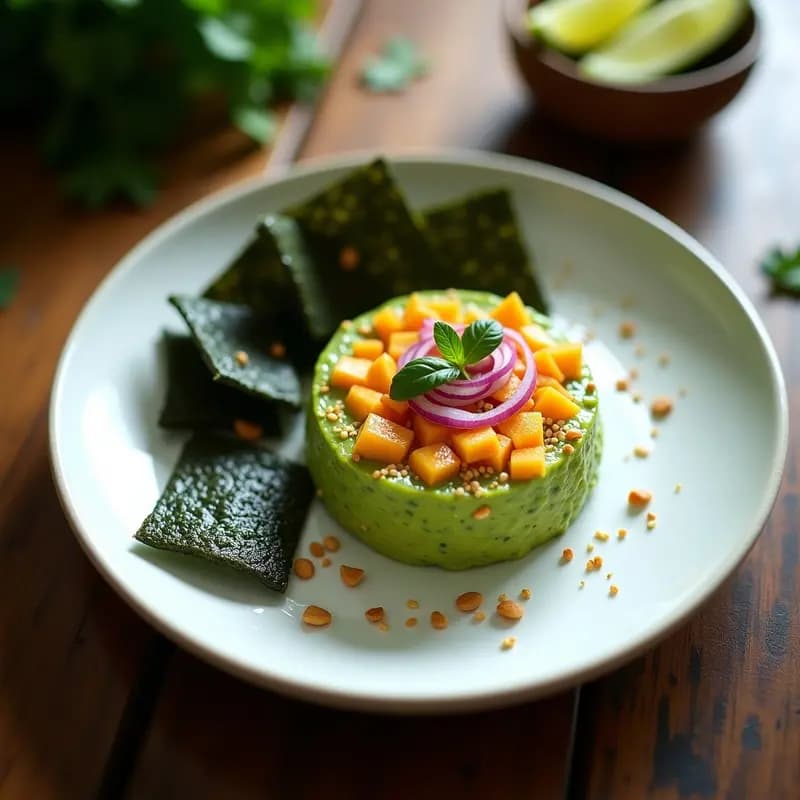 Tartar de Aguacate y Mango con Chips de Algas: Entrante Peruano-Japonés Crudivegano