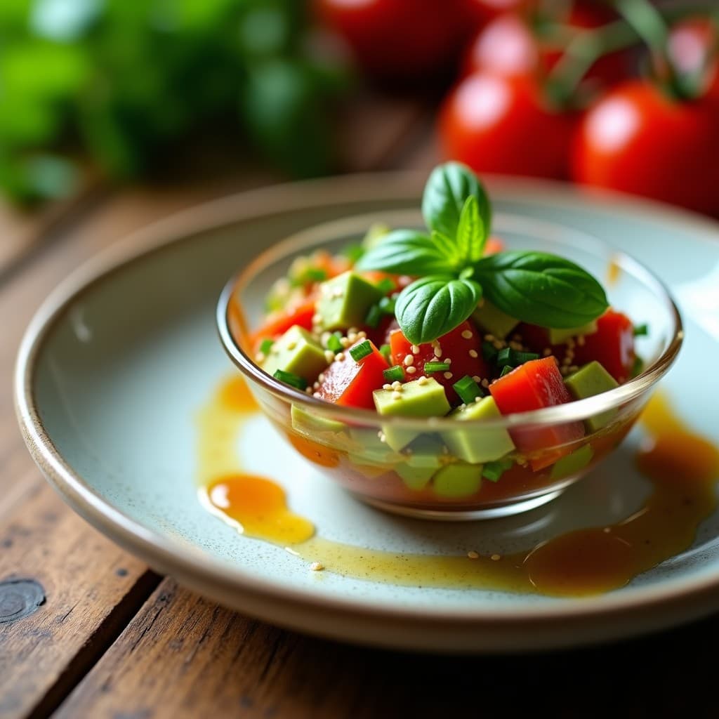 Tartar de Aguacate y Tomate con Hojas de Albahaca: Aperitivo Crudivegano italiano en 10 Minutos