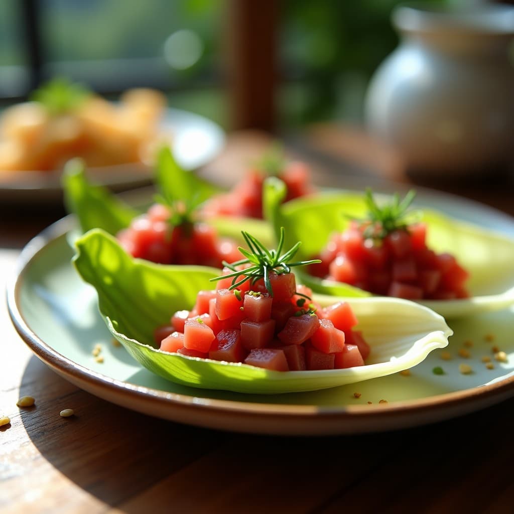 Tartar de Atún Rojo con Aguacate y Wasabi en Cuchara de Endibia: Entrante Francés Elegante