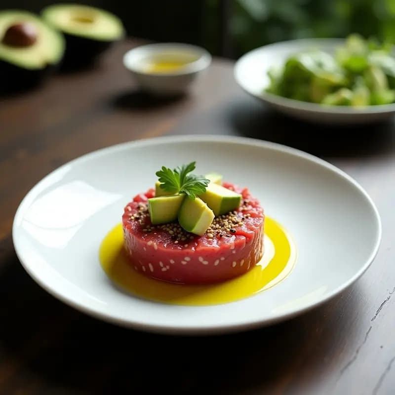 Tartar de Atún Rojo con Aguacate y Aceite de Oliva: Receta Francesa de Lujo en 10 Minutos