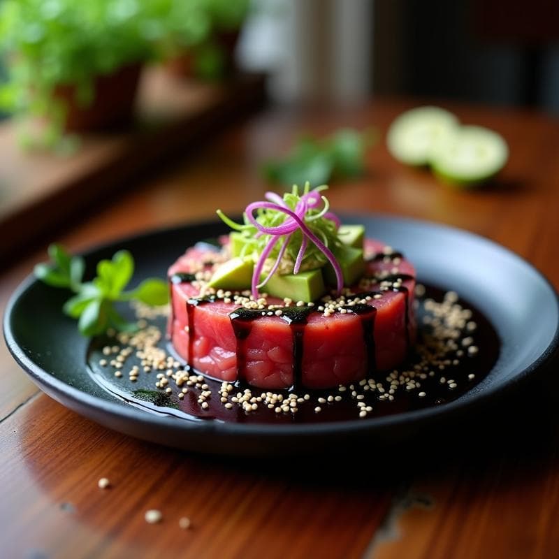 Tartar de Atún Rojo con Aguacate y Salsa de Soja Negra: Receta Japonesa Crujiente con Semillas de Sésamo