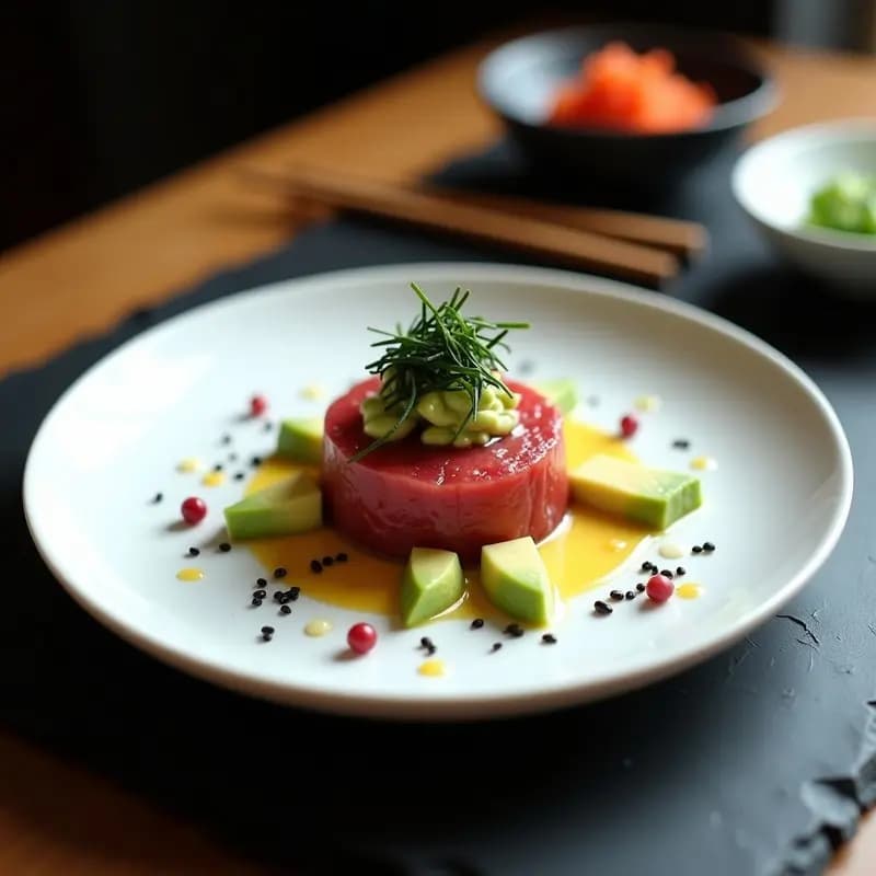 Tartar de Atún Rojo con Aguacate y Yuzu: Entrante Japonés de Restaurante