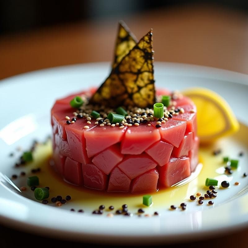 Tartar de Atún Rojo con Aceite de Wasabi y Crujiente de Algas: Receta Gourmet en 15 Minutos