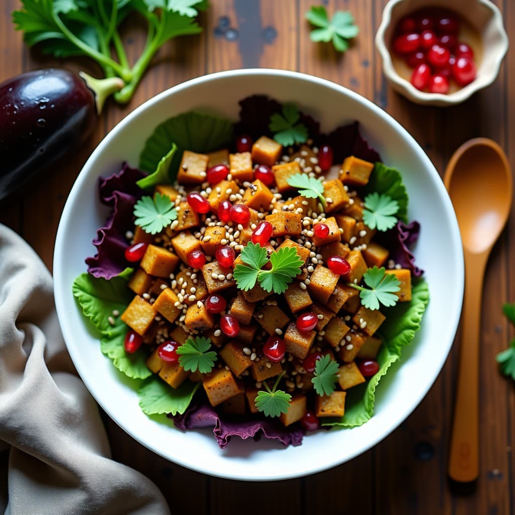 Tartar de Berenjena Asada con Vinagreta de Tamarindo y Cilantro: Receta Vegana Libanes y Sin Cocción