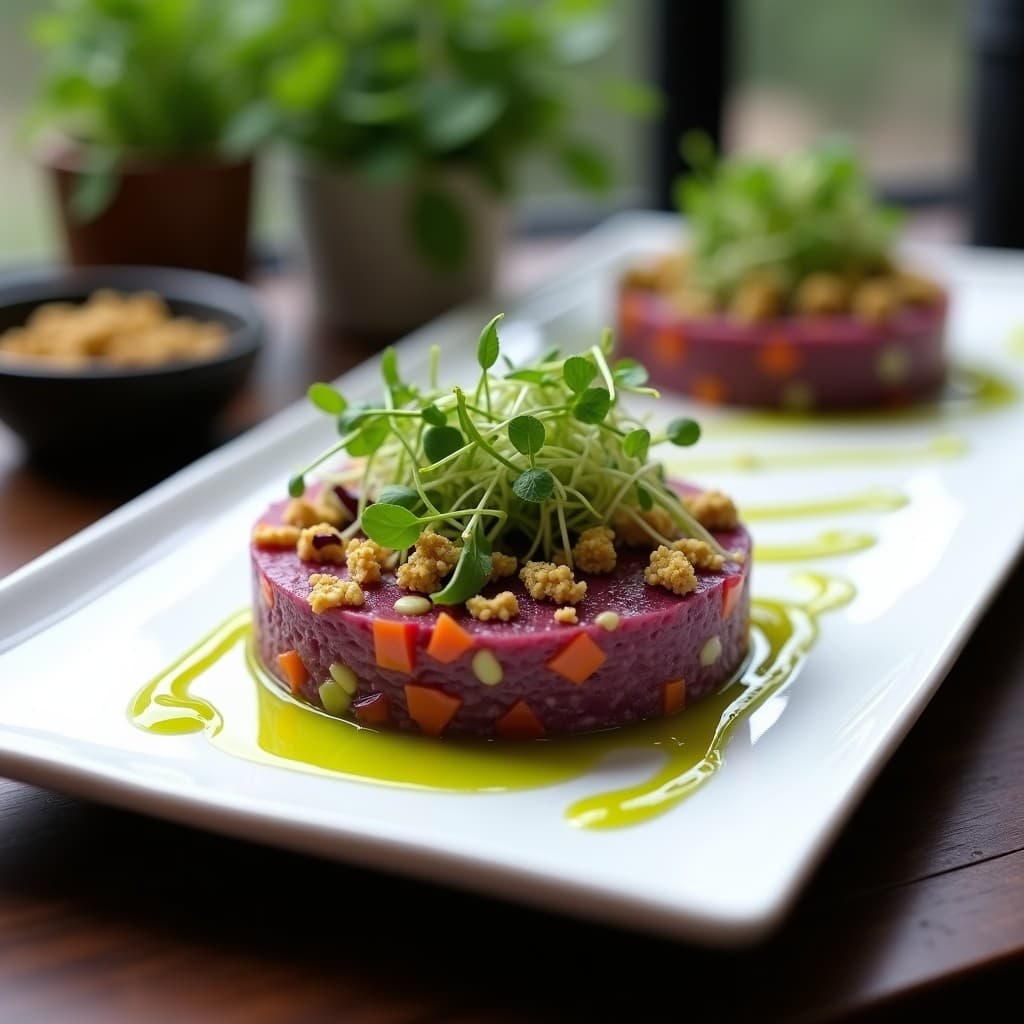 Tartar de Jackfruit con Aceite de Pistacho y Microvegetales: Receta Vegana Gourmet en 15 Minutos