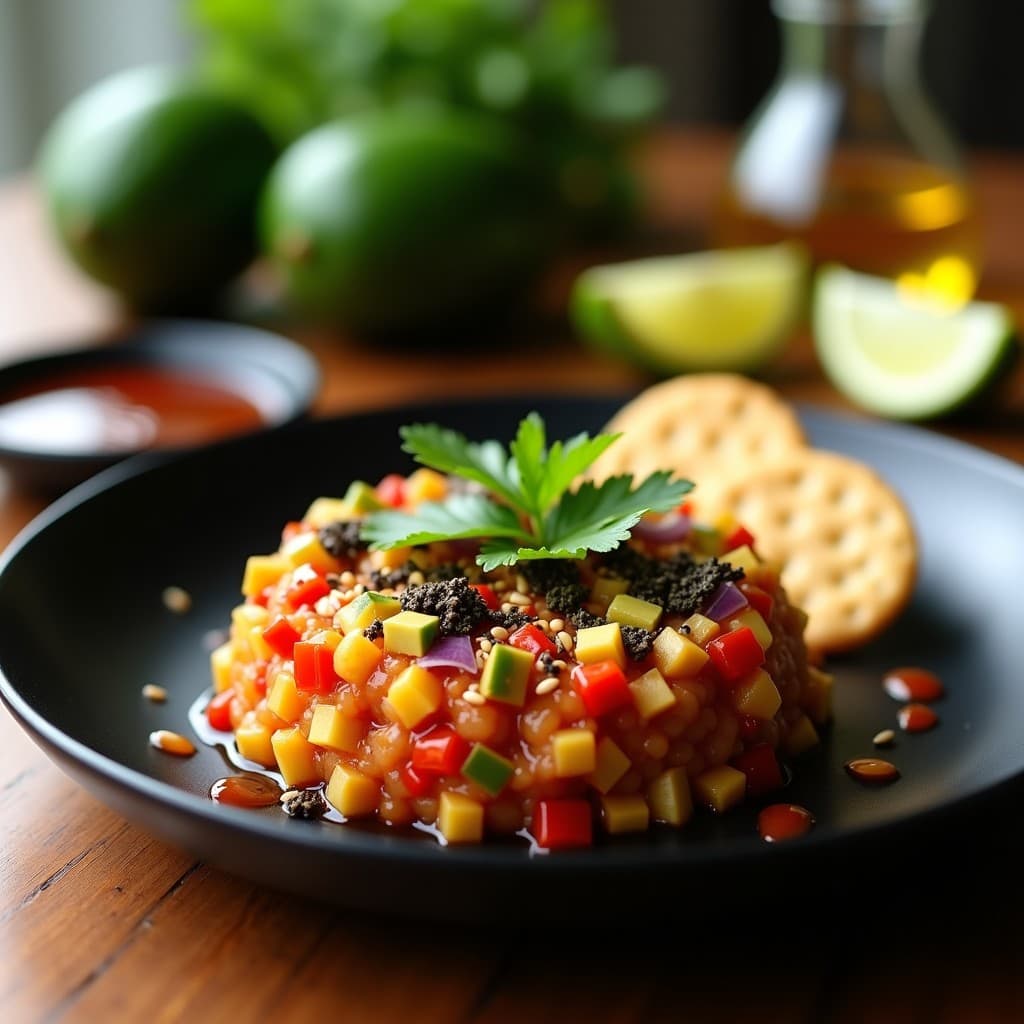 Tartar de Jackfruit Ahumado con Aguacate y Salsa Teriyaki: Receta Vegana Japonesa Sin Cocción