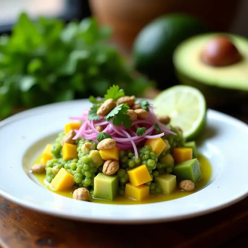 Tartar de Mango Verde y Aguacate con Cacahuetes Trufados: Entrante Indio Crudivegano
