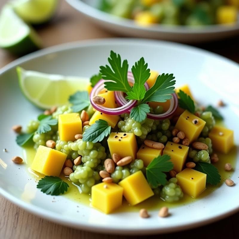 Tartar de Mango Verde y Cacahuete con Vinagreta de Lima: Receta Tailanda Vegana y Cruda