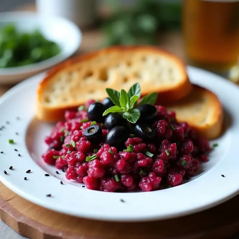 Tartar de Remolacha y Aceitunas Negras con Pan de Centeno: Aperitivo Europeu Crudivegano