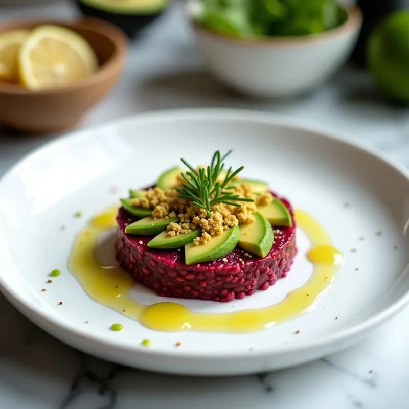 Tartar de Remolacha y Aguacate con Crumble de Pistacho: Entrante Francés Vegano y Crudivegano
