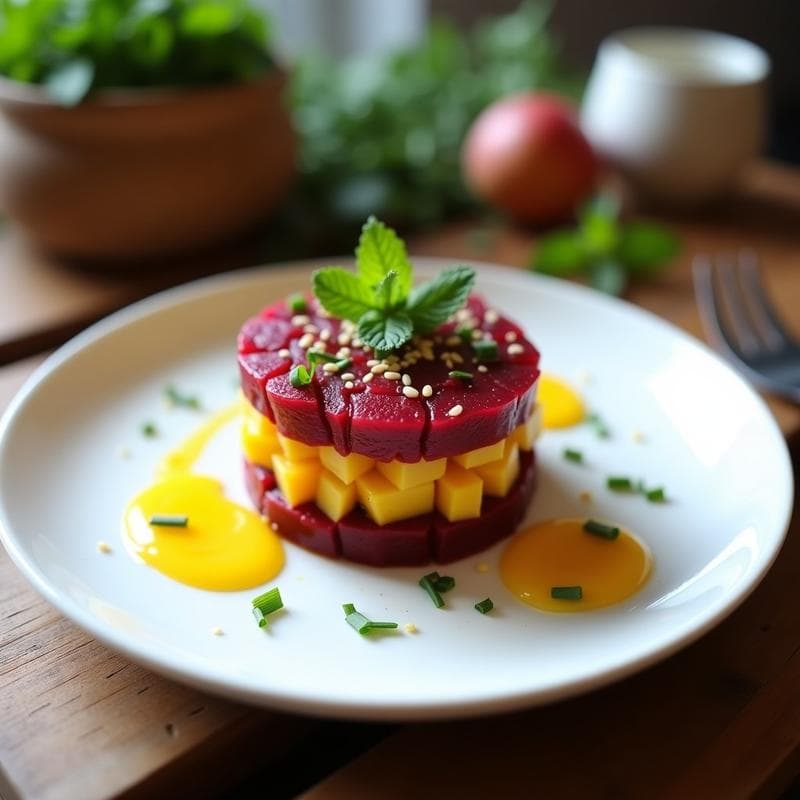 Tartar de Remolacha y Mango con Vinagreta de Yuzu: Receta Vegana y Fresca en 10 Minutos