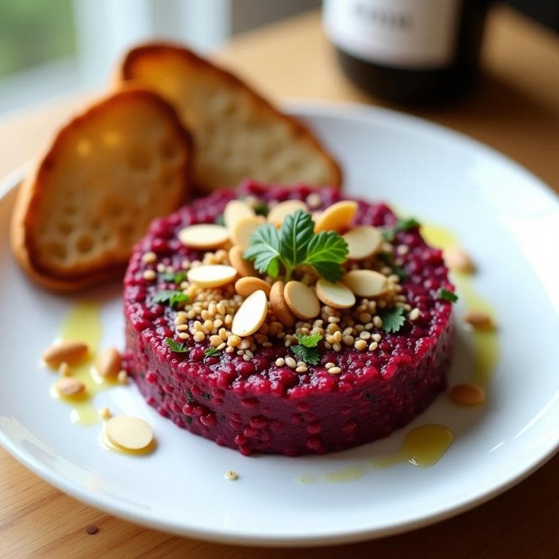 Tartar de Remolacha y Quinoa con Crujiente de Almendras: Receta Vegana Alta en Proteína y Sin Cocción