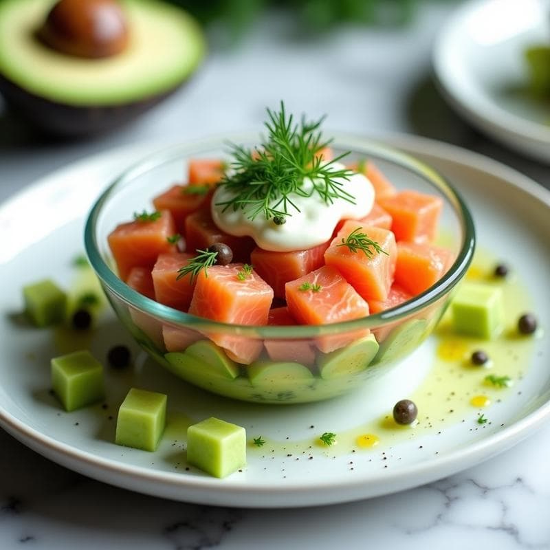 Tartar de Salmón y Aguacate con Salsa de Eneldo: Receta Keto y Sin Gluten